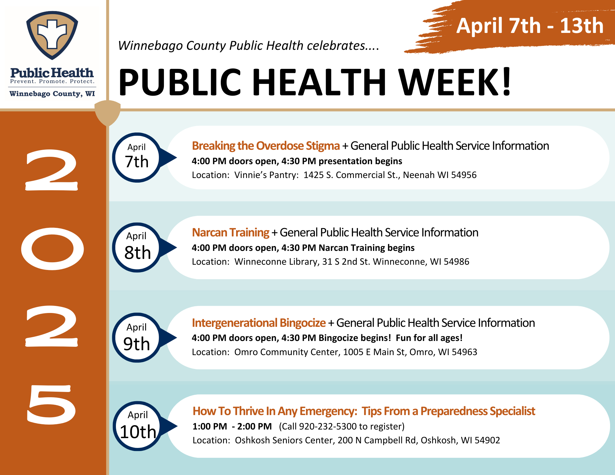 Schedule of events for the week of April 7th - 10th
