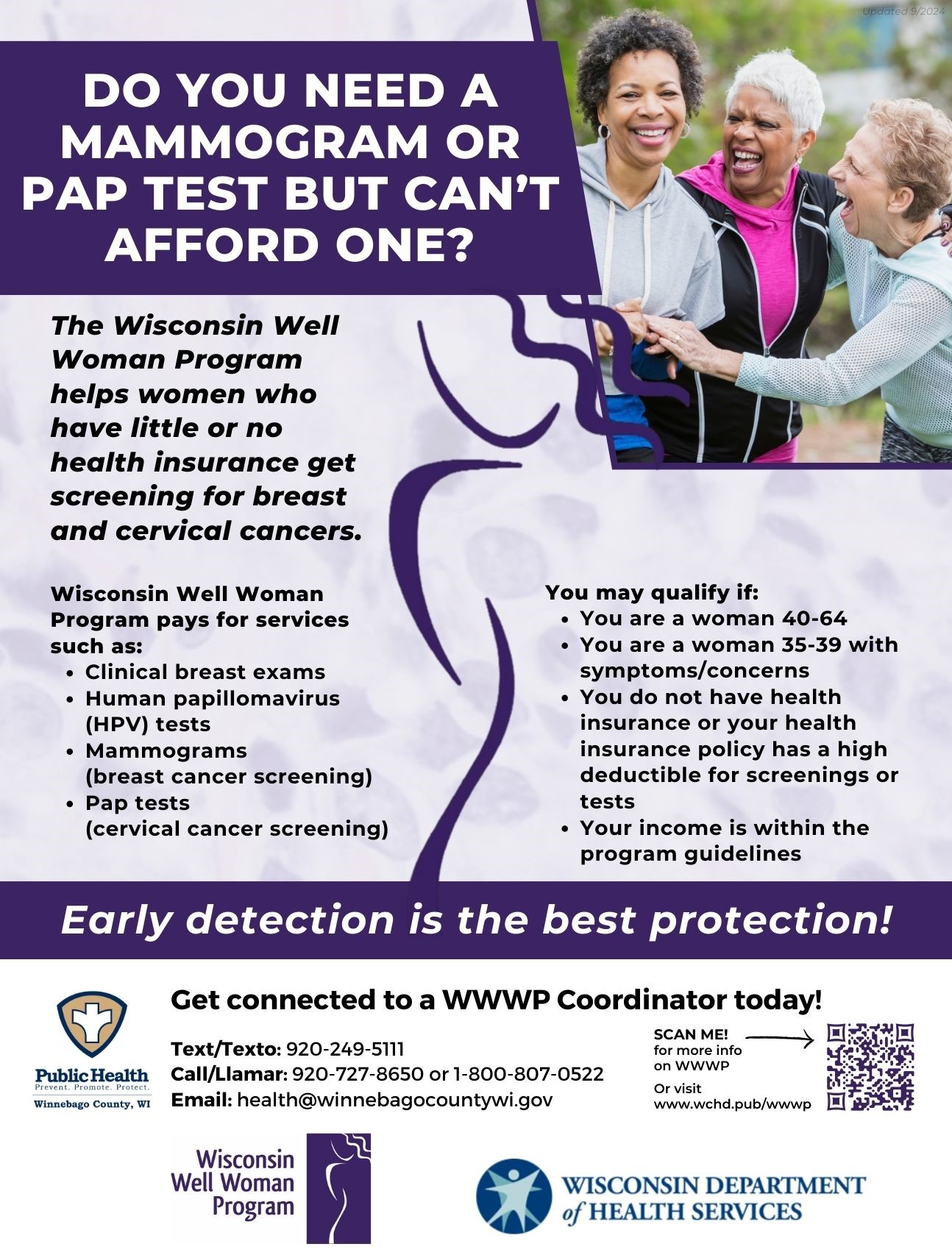 Wisconsin Well Women Flyer with three smiling women and a description of the program and who to contact